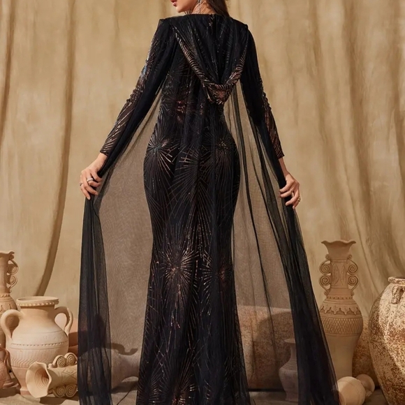 Black Sequin Embellished Gown with Bishop Sleeves - Picture 8 of 16